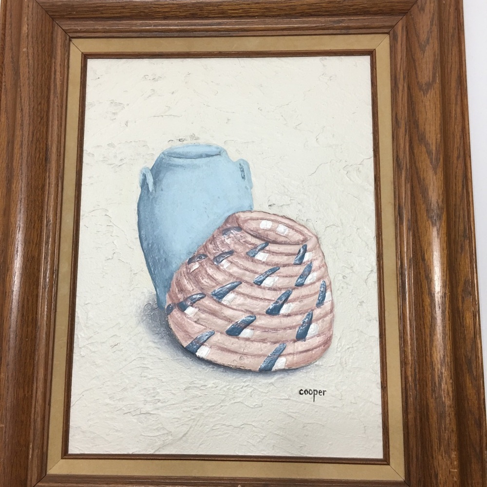 Wayne Cooper Hand-Painted Blue Vase & Pink Basket Still Life by Cooper. 18.5x23